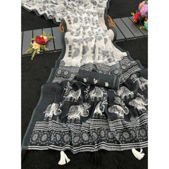 Generic Women's Linen Cotton Printed Saree With Unstitched Blouse 5.5Mtr (Black)