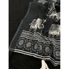 Generic Women's Linen Cotton Printed Saree With Unstitched Blouse 5.5Mtr (Black)