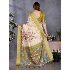 Generic Women's Cotton Silk Printed Saree With Unstitched Blouse 5.5Mtr (Olive Green)