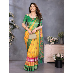 Generic Women's Cotton Silk Printed Saree With Unstitched Blouse 5.5Mtr (Yellow)