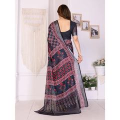 Generic Women's Linen Cotton Printed Saree With Unstitched Blouse 5.5Mtr (Black)