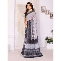 Generic Women's Linen Cotton Printed Saree With Unstitched Blouse 5.5Mtr (White & Black)