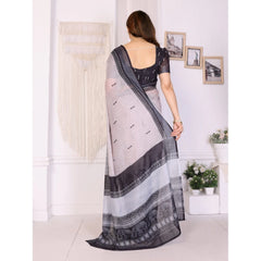 Generic Women's Linen Cotton Printed Saree With Unstitched Blouse 5.5Mtr (White & Black)