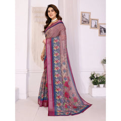 Generic Women's Linen Cotton Printed Saree With Unstitched Blouse 5.5Mtr (Wine )