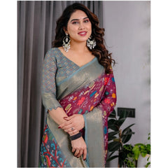 Generic Women's Linen Printed Saree With Unstitched Blouse 5.5Mtr (Purple)