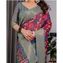Generic Women's Linen Printed Saree With Unstitched Blouse 5.5Mtr (Purple)