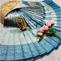 Generic Women's Soft Silk Printed Saree With Unstitched Blouse 5.5Mtr (Silver Blue)