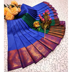 Generic Women's Soft Silk Printed Saree With Unstitched Blouse 5.5Mtr (Royal Blue)
