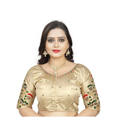 Generic Women's Malai Silk Floral Readymade Blouse (Cream, Size: Free Size)