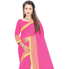 Generic Women's Jacquard Striped Saree With Unstitched Blouse 5.5Mtr (Pink)