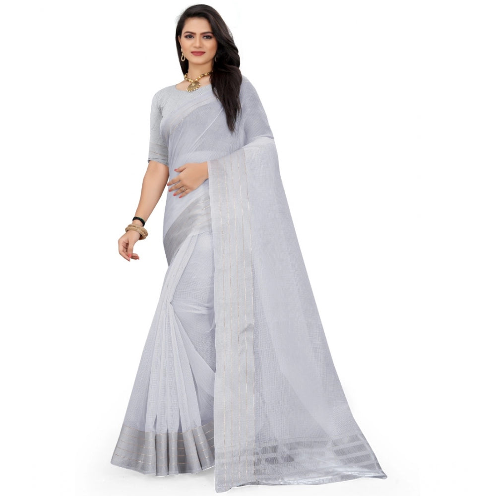 Generic Women's Cotton Jute Self Design Saree With Unstitched Blouse 5.5Mtr (Grey)