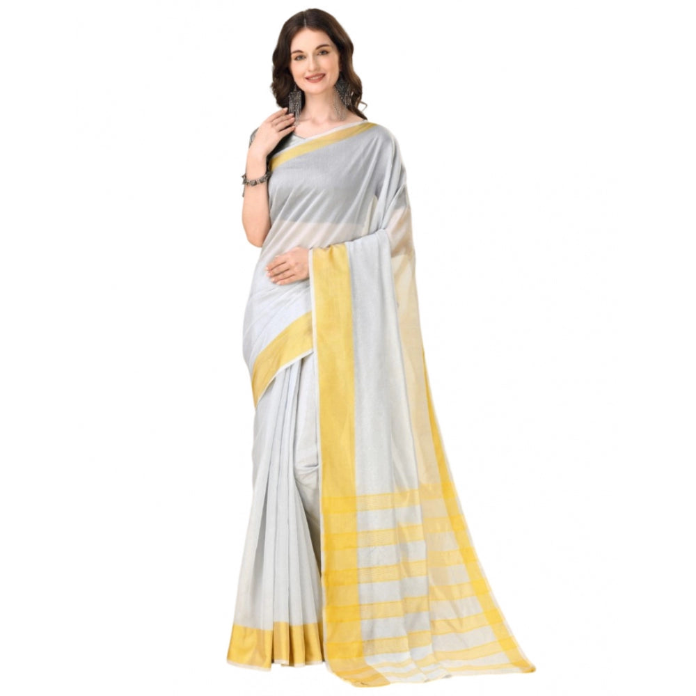 Generic Women's Cotton Silk Striped Saree With Unstitched Blouse 5.5Mtr (Silver)