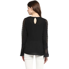 Generic Women's Polyester Georgette Self Design Bell Sleeve Regular Top (Black)
