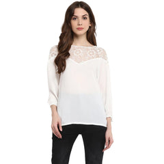 Generic Women's Polyester Georgette Self Design 3-4th Sleeves Regular Top (White)
