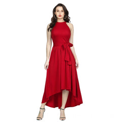 Generic Women's Polyster Solid Halter Neck Sleeveless Dress (Red)