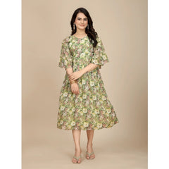 Generic Women's Georgette Printed Round Neck Short Sleeve Dress (Green)