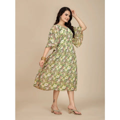 Generic Women's Georgette Printed Round Neck Short Sleeve Dress (Green)