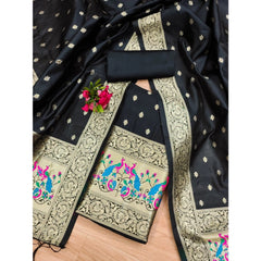 Generic Women's Banarasi Silk Printed Unstitched Salwar Suit Material With Dupatta (Black, 3Mtrs)