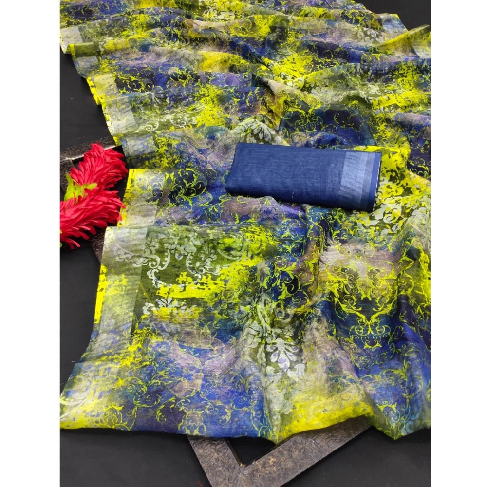 Generic Women's Cotton Linen Woven Design Saree With Unstitched Blouse 5.5Mtr (Blue)