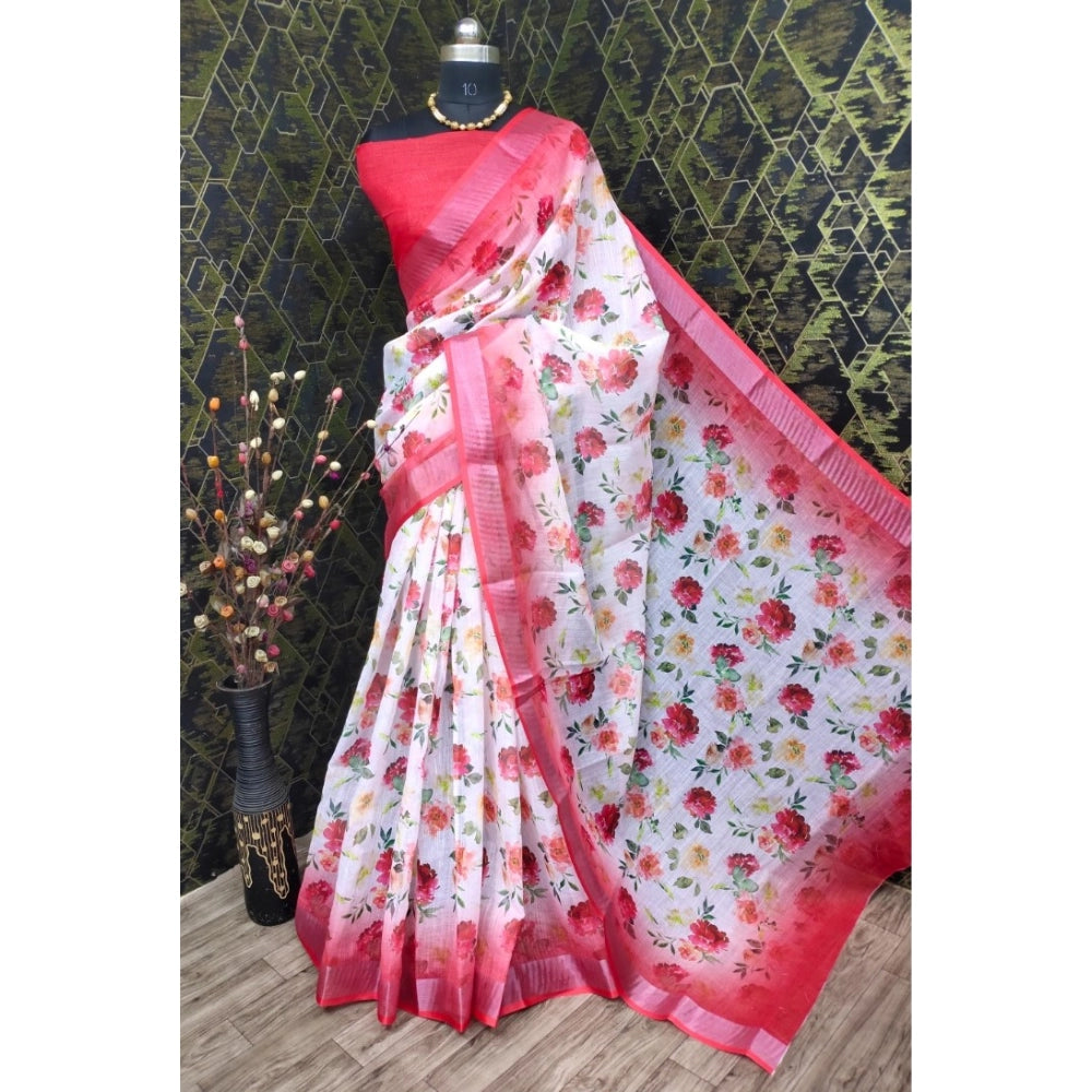 Generic Women's Cotton Linen Woven Design Saree With Unstitched Blouse 5.5Mtr (Red)