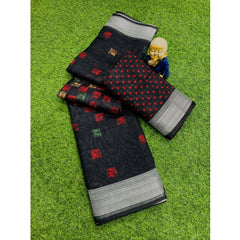 Generic Women's Cotton Linen Digital Print Saree With Unstitched Blouse 5.5Mtr (Black)