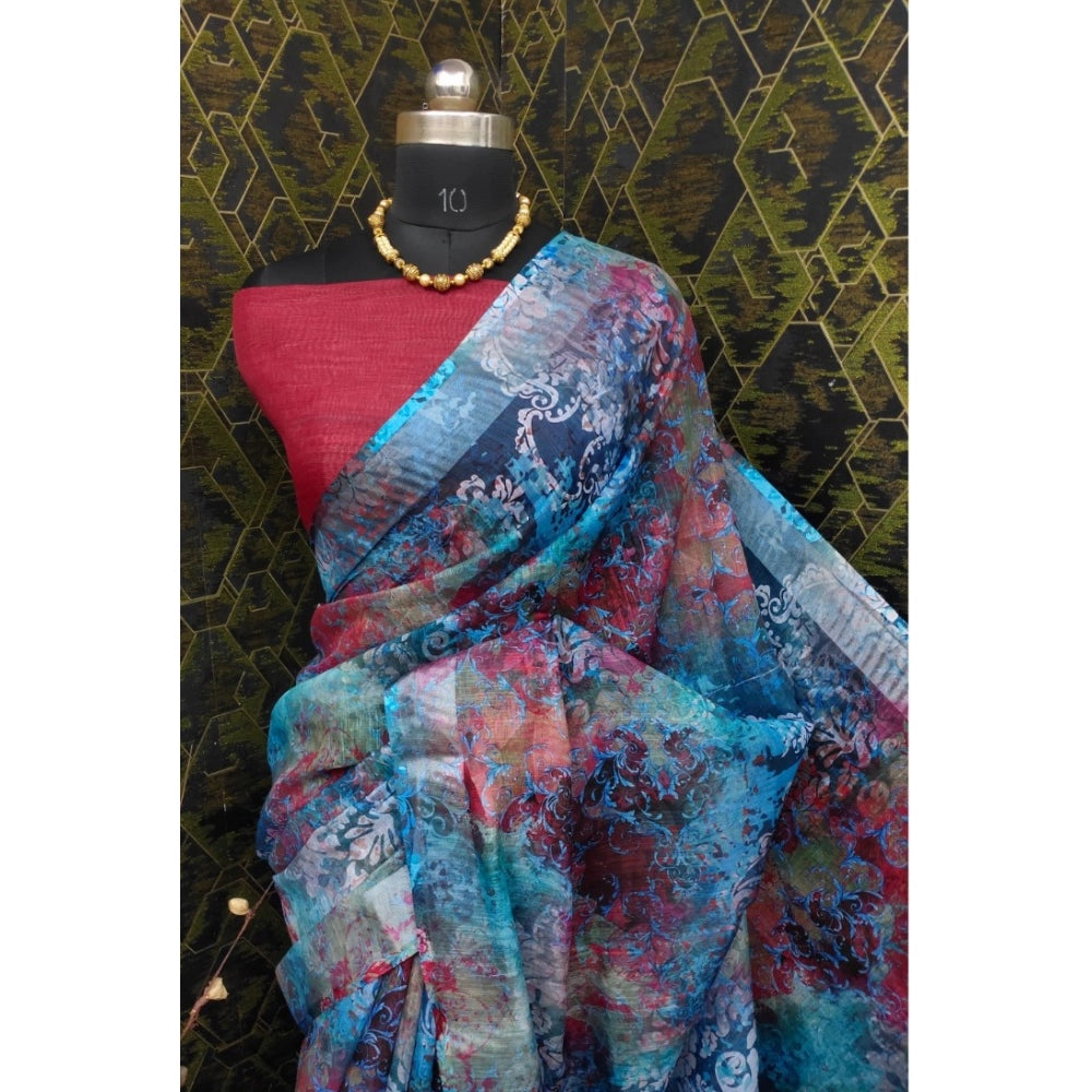 Generic Women's Cotton Linen Woven Design Saree With Unstitched Blouse 5.5Mtr (Blue)