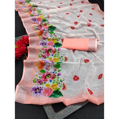 Generic Women's Cotton Linen Woven Design Saree With Unstitched Blouse 5.5Mtr (Peach)