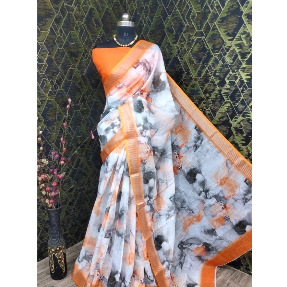 Generic Women's Cotton Linen Woven Design Saree With Unstitched Blouse 5.5Mtr (Orange)