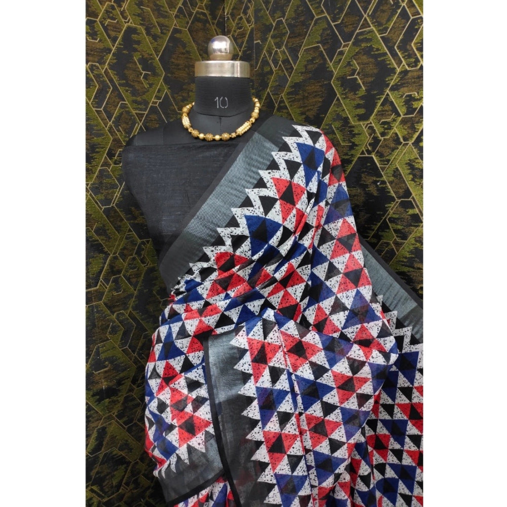 Generic Women's Cotton Linen Printed Saree With Unstitched Blouse 5.5Mtr (Black)