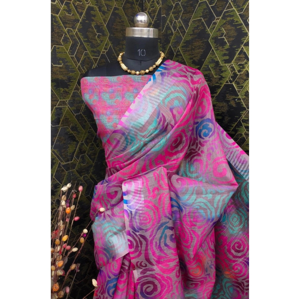 Generic Women's Cotton Linen Woven Design Saree With Unstitched Blouse 5.5Mtr (Pink)