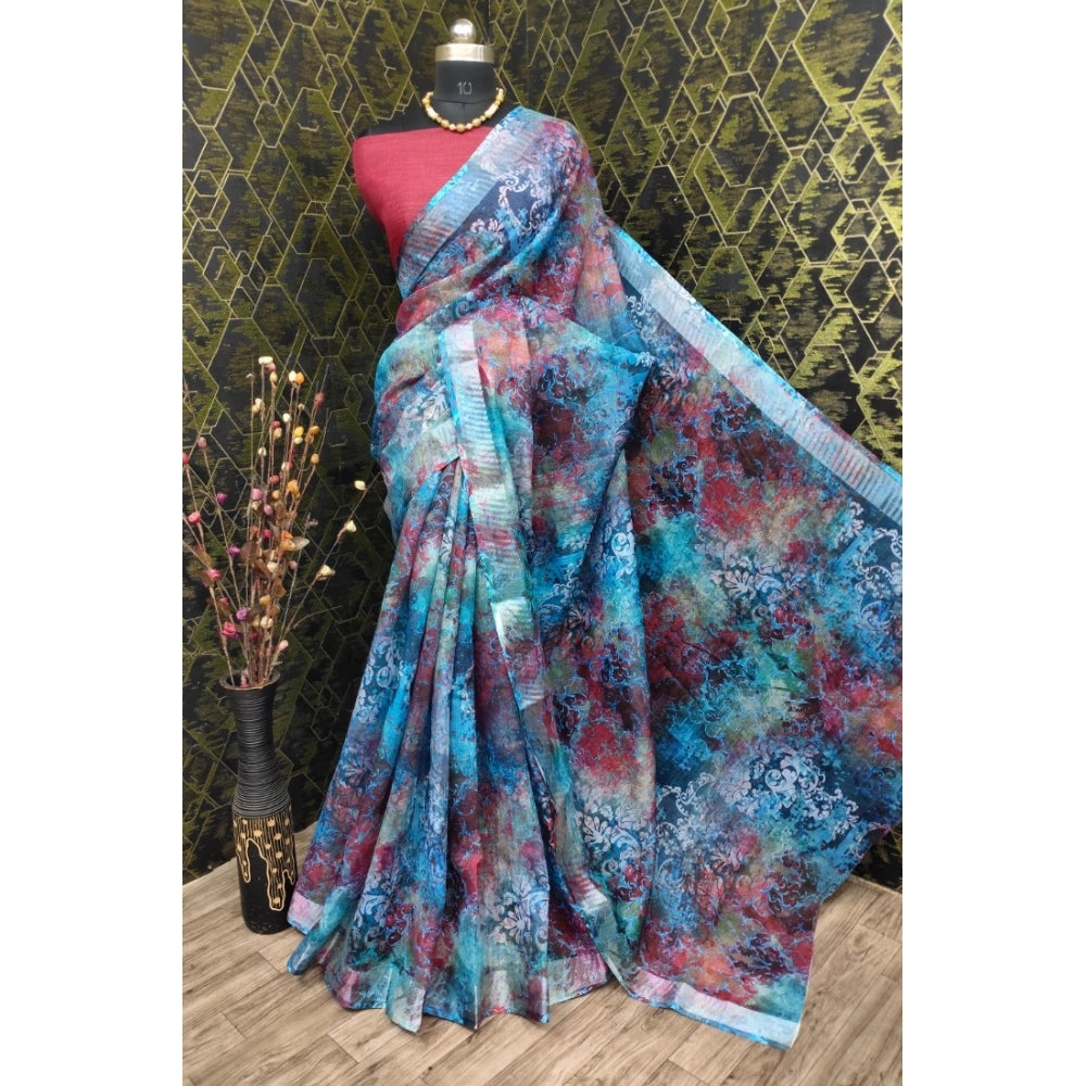 Generic Women's Cotton Linen Woven Design Saree With Unstitched Blouse 5.5Mtr (Blue)