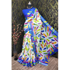 Generic Women's Cotton Linen Woven Design Saree With Unstitched Blouse 5.5Mtr (Blue)
