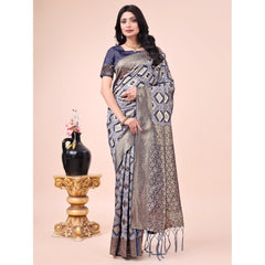 Generic Women's Cotton Printed Saree With Unstitched Blouse 5.5Mtr (Navy Blue)