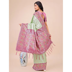 Generic Women's Lichi Silk Printed Saree With Unstitched Blouse 5.5Mtr (Olive Green)