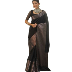 Generic Women's Silk Printed Saree With Unstitched Blouse 5.5Mtr (Black)