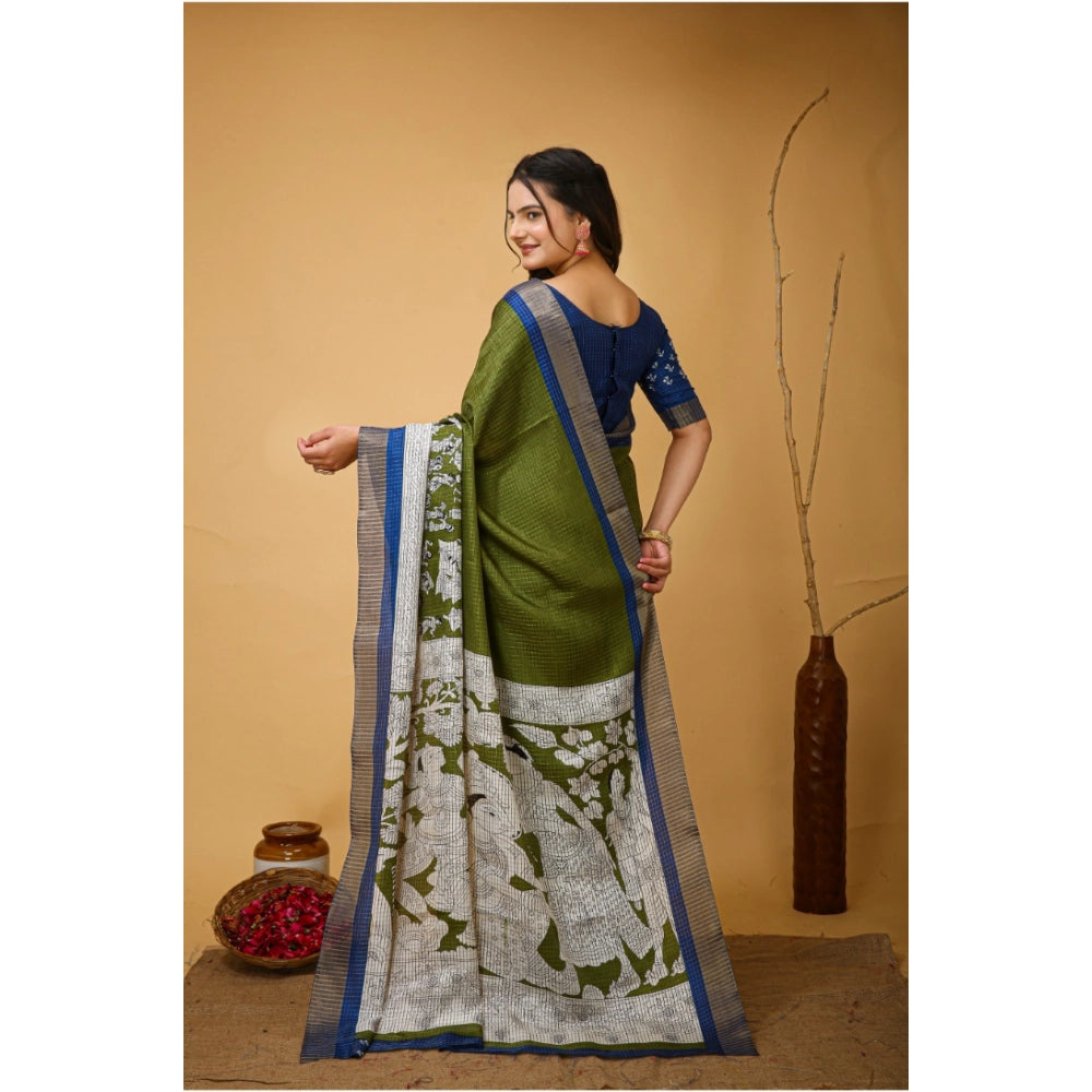 Generic Women's Soft Handloom Cotton Kalamkari Printed Saree With Unstitched Blouse 5.5Mtr (Mehendi)