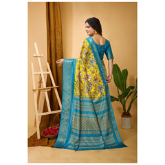 Generic Women's Soft Dola Cotton Kalamkari Printed Saree With Unstitched Blouse 5.5Mtr (Yellow)