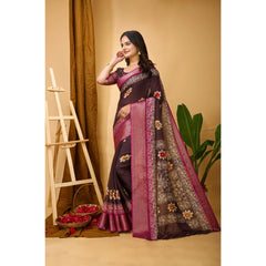 Generic Women's Soft Blooming Marshmallow Fabric Kalamkari Printed Saree With Unstitched Blouse 5.5Mtr (Maroon)
