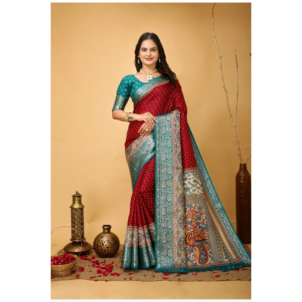 Generic Women's Soft Dola Cotton Kalamkari Printed Saree With Unstitched Blouse 5.5Mtr (Red)