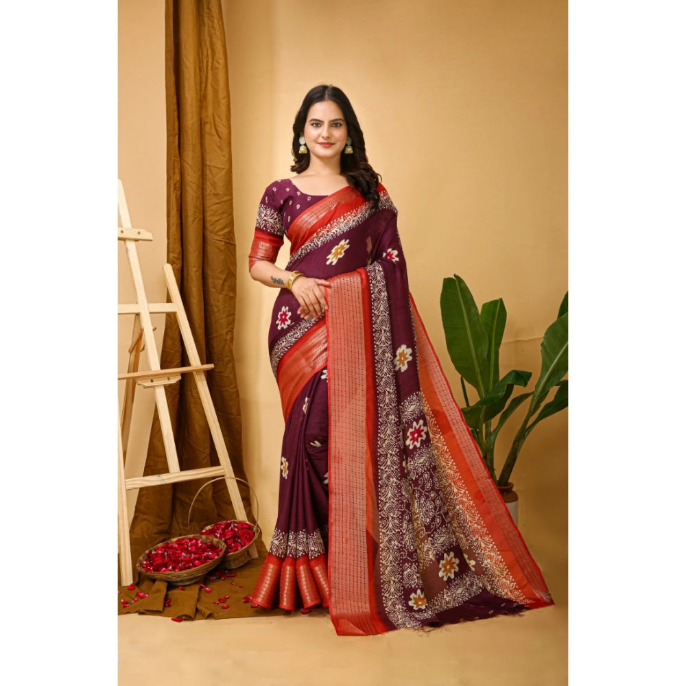 Generic Women's Soft Blooming Marshmallow Fabric Kalamkari Printed Saree With Unstitched Blouse 5.5Mtr (Wine)