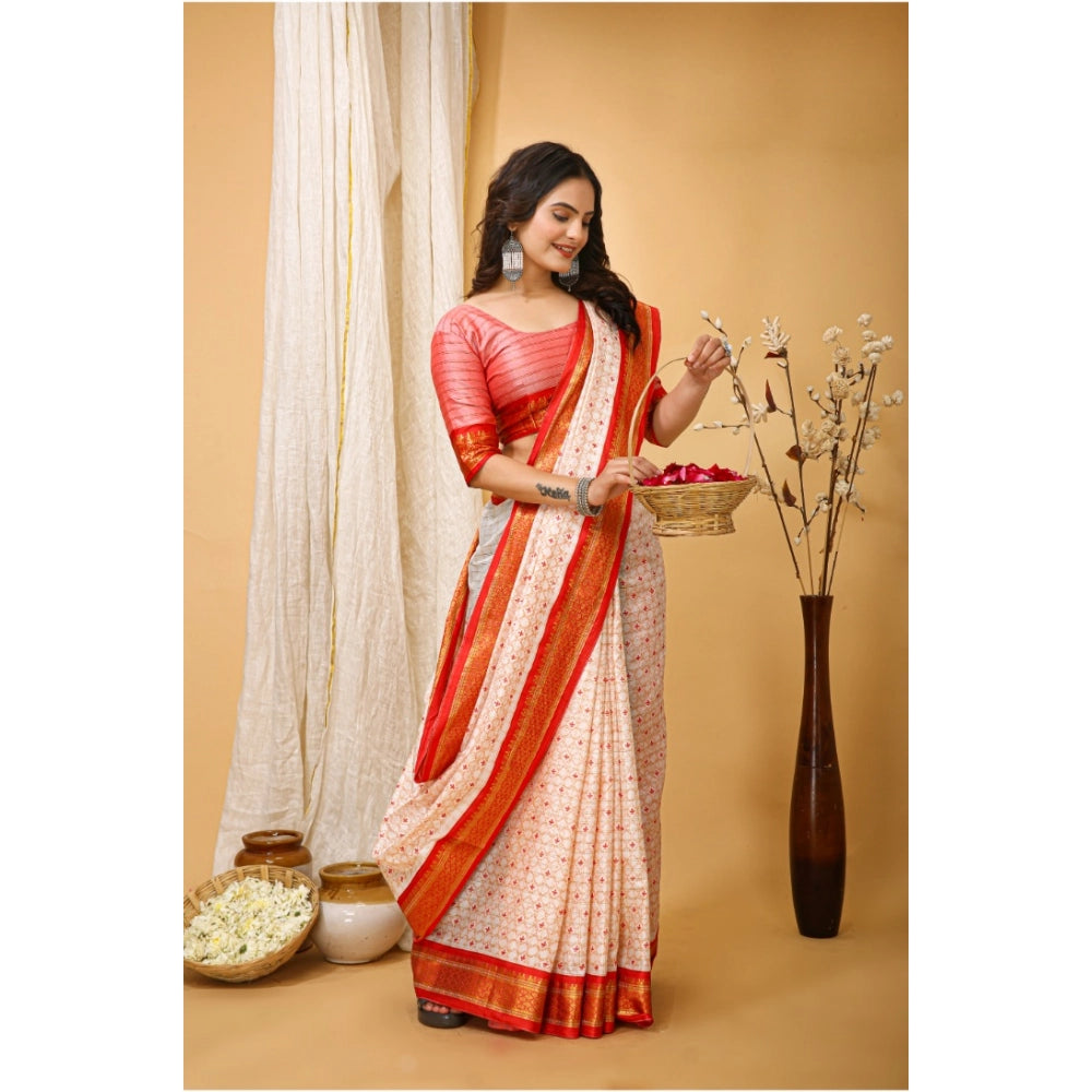 Generic Women's Soft Cotton Silk Printed Saree With Unstitched Blouse 5.5Mtr (Red)