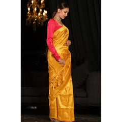 Generic Women's Soft Lichi Silk Woven Saree With Unstitched Blouse 5.5Mtr (Yellow)