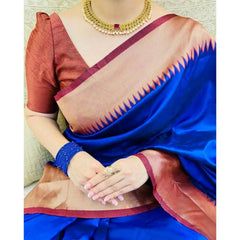 Generic Women's Soft Lichi Silk Solid Saree With Unstitched Blouse 5.5Mtr (Blue)