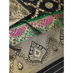 Generic Women's Banarasi Silk Printed Unstitched Salwar Suit Material With Dupatta (Black, 3Mtrs)