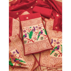 Generic Women's Banarasi Silk Printed Unstitched Salwar Suit Material With Dupatta (Red, 3Mtrs)