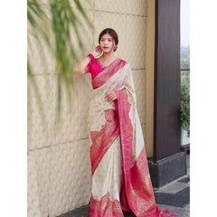 Generic Women's Litchi silk Printed Saree With Unstitched Blouse (Half White)