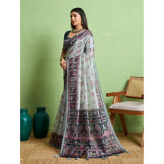 Generic Women's Silk Blend Printed Saree With Unstitched Blouse 5.5Mtr (Grey)