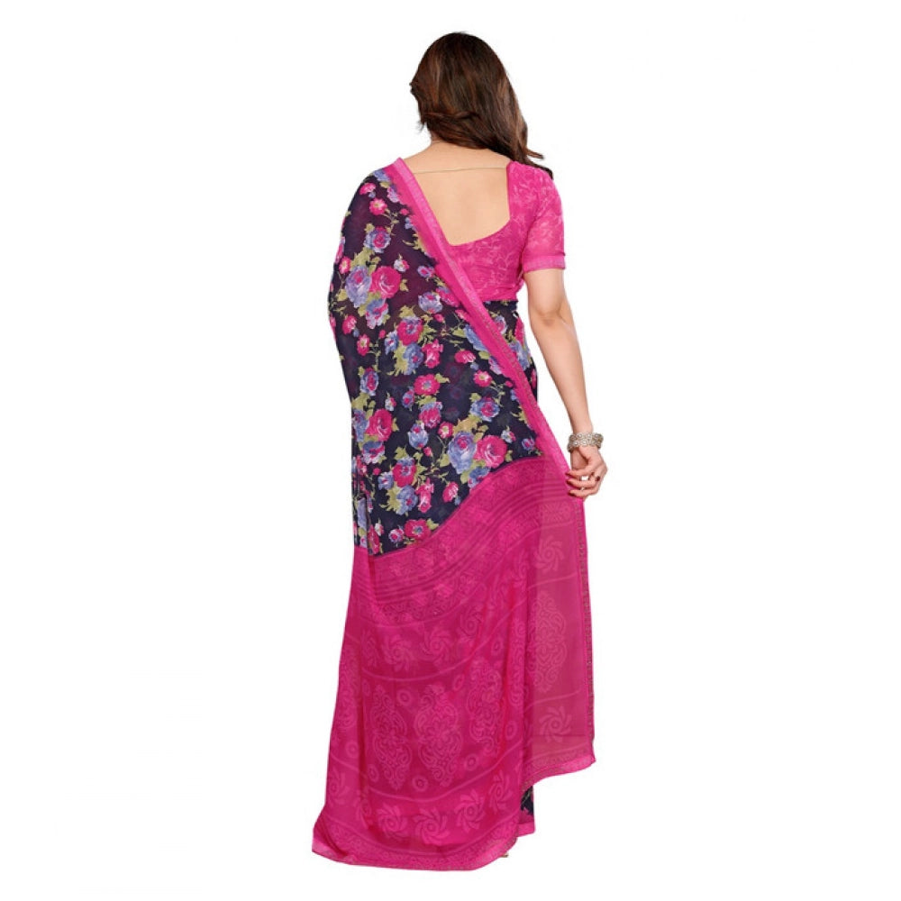 Generic Women's Georgette Printed Saree With Unstitched Blouse 5.5Mtr (Blue)
