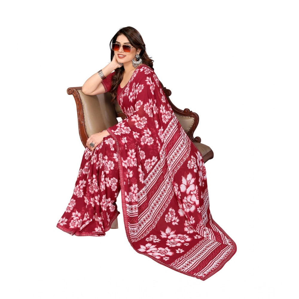Generic Women's Georgette Printed Saree With Unstitched Blouse 5.5Mtr (Red)