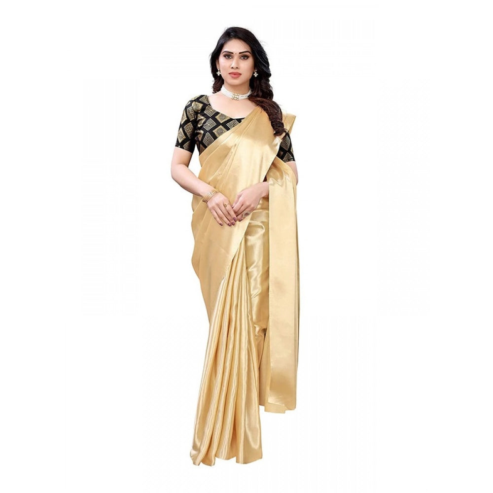 Generic Women's Satin Printed Saree With Unstitched Blouse 5.5Mtr (Chiku)